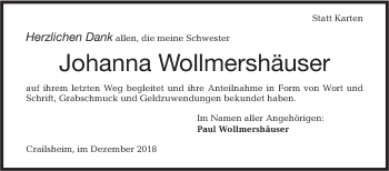 Traueranzeige von Johanna Wollmershäuser von Hohenloher Tagblatt