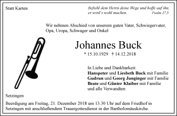 Traueranzeige von Johannes Buck von SÜDWEST PRESSE Ausgabe Ulm/Neu-Ulm