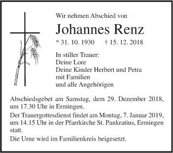 Traueranzeige von Johannes Renz von SÜDWEST PRESSE Ausgabe Ulm/Neu-Ulm