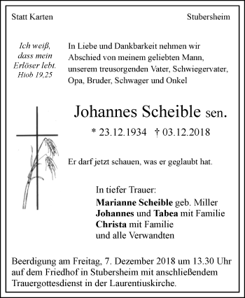 Traueranzeige von Johannes Scheible von Geislinger Zeitung