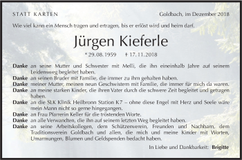 Traueranzeige von Jürgen Kieferle von Hohenloher Tagblatt