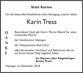 Traueranzeige von Karin Tress von Alb-Bote/Metzinger-Uracher Volksblatt