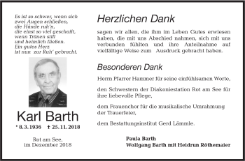 Traueranzeige von Karl Barth von Hohenloher Tagblatt