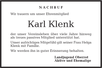 Traueranzeige von Karl Klenk von Rundschau Gaildorf