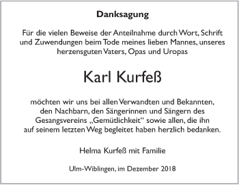 Traueranzeige von Karl Kurfeß von SÜDWEST PRESSE Ausgabe Ulm/Neu-Ulm