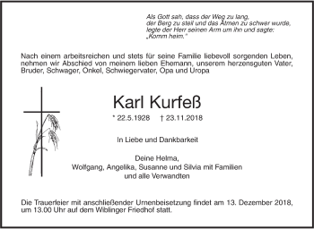 Traueranzeige von Karl Kurfeß von SÜDWEST PRESSE Ausgabe Ulm/Neu-Ulm