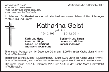 Traueranzeige von Katharina Geist von NWZ Neue Württembergische Zeitung