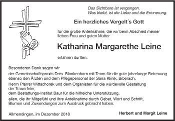 Traueranzeige von Katharina Margarethe Leine von Ehinger Tagblatt