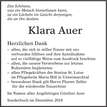 Traueranzeige von Klara Auer von Alb-Bote/Metzinger-Uracher Volksblatt