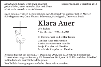 Traueranzeige von Klara Auer von Alb-Bote/Metzinger-Uracher Volksblatt