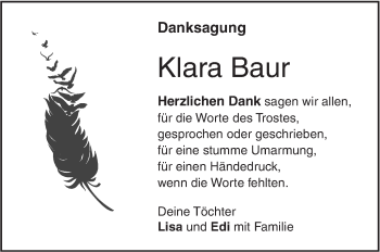 Traueranzeige von Klara Baur von SÜDWEST PRESSE Ausgabe Ulm/Neu-Ulm