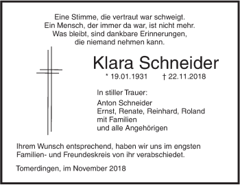 Traueranzeige von Klara Schneider von SÜDWEST PRESSE Ausgabe Ulm/Neu-Ulm