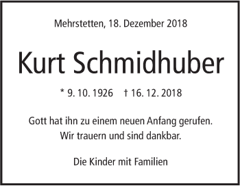 Traueranzeige von Kurt Schmidhuber von Alb-Bote/Metzinger-Uracher Volksblatt