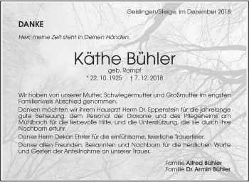 Traueranzeige von Käthe Bühler von Geislinger Zeitung