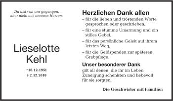 Traueranzeige von Lieselotte Kehl von Hohenloher Tagblatt