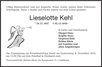 Traueranzeige von Lieselotte Kehl von Hohenloher Tagblatt