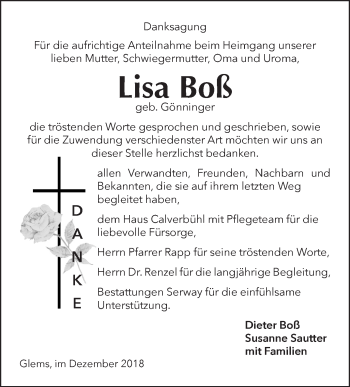 Traueranzeige von Lisa Boß von Metzinger-Uracher Volksblatt