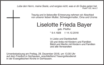 Traueranzeige von Liselotte Frieda Bayer von SÜDWEST PRESSE Ausgabe Ulm/Neu-Ulm