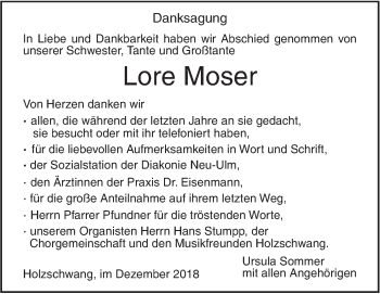 Traueranzeige von Lore Moser von SÜDWEST PRESSE Ausgabe Ulm/Neu-Ulm