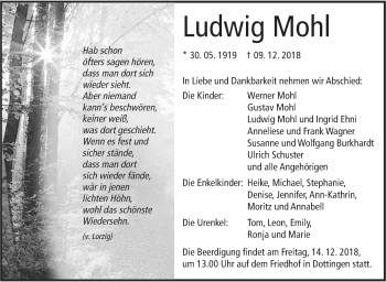 Traueranzeige von Ludwig Mohl von Alb-Bote/Metzinger-Uracher Volksblatt