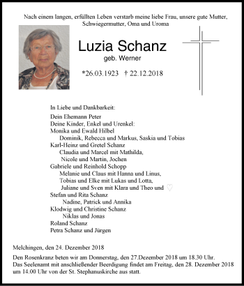 Traueranzeige von Luzia Schanz von Hohenzollerische Zeitung