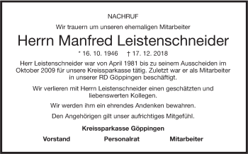 Traueranzeige von Manfred Leistenschneider von NWZ Neue Württembergische Zeitung/Geislinger Zeitung