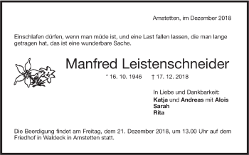 Traueranzeige von Manfred Leistenschneider von NWZ Neue Württembergische Zeitung/Geislinger Zeitung