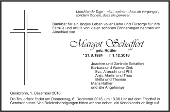 Traueranzeige von Margot Schaffert von Hohenloher Tagblatt