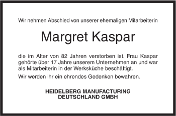 Traueranzeige von Margret Kaspar von Geislinger Zeitung