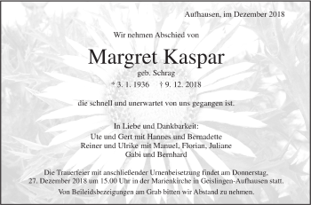 Traueranzeige von Margret Kaspar von Geislinger Zeitung