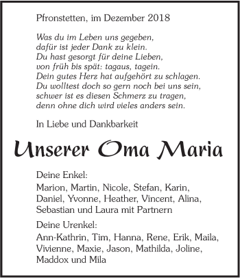 Traueranzeige von Maria  von Alb-Bote/Metzinger-Uracher Volksblatt