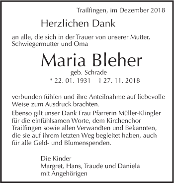 Traueranzeige von Maria Bleher von Alb-Bote/Metzinger-Uracher Volksblatt