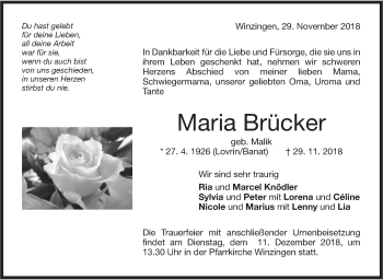 Traueranzeige von Maria Brücker von NWZ Neue Württembergische Zeitung