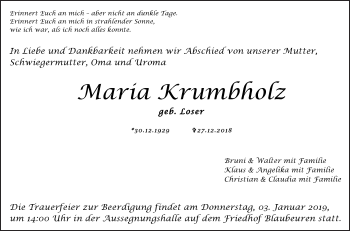 Traueranzeige von Maria Krumbholz von SÜDWEST PRESSE Ausgabe Ulm/Neu-Ulm