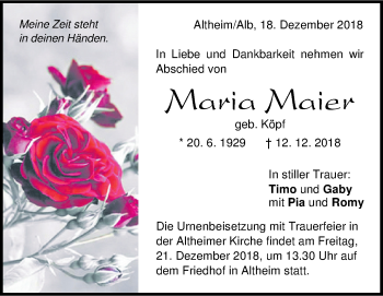 Traueranzeige von Maria Maier von SÜDWEST PRESSE Ausgabe Ulm/Neu-Ulm