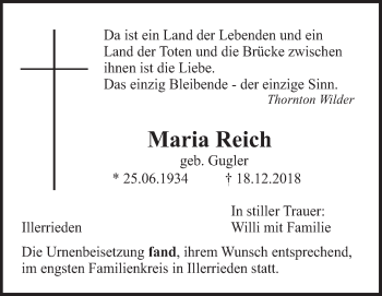 Traueranzeige von Maria Reich von SÜDWEST PRESSE Ausgabe Ulm/Neu-Ulm