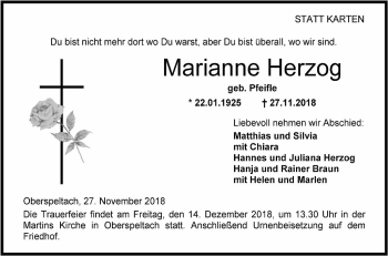 Traueranzeige von Marianne Herzog von Hohenloher Tagblatt