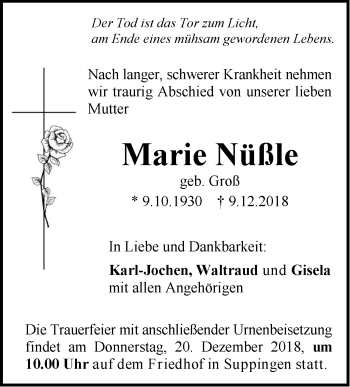 Traueranzeige von Marie Nüßle von SÜDWEST PRESSE Ausgabe Ulm/Neu-Ulm