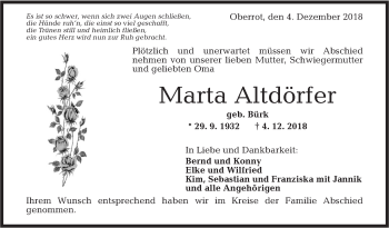 Traueranzeige von Marta Altdörfer von Rundschau Gaildorf