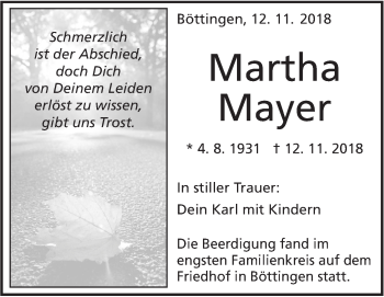 Traueranzeige von Martha Mayer von Alb-Bote/Metzinger-Uracher Volksblatt