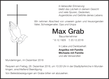 Traueranzeige von Max  Grab von Ehinger Tagblatt