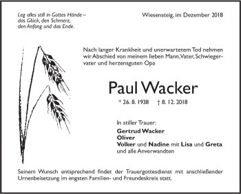 Traueranzeige von Paul Wacker von Geislinger Zeitung