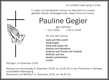 Traueranzeige von Pauline Gegier von Ehinger Tagblatt