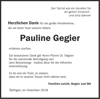 Traueranzeige von Pauline Gegier von Ehinger Tagblatt