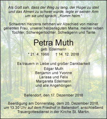 Traueranzeige von Petra Muth von SÜDWEST PRESSE Ausgabe Ulm/Neu-Ulm