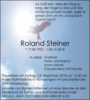 Traueranzeige von Roland Steiner von SÜDWEST PRESSE Ausgabe Ulm/Neu-Ulm