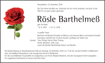 Traueranzeige von Rösle Barthelmeß von Hohenloher Tagblatt