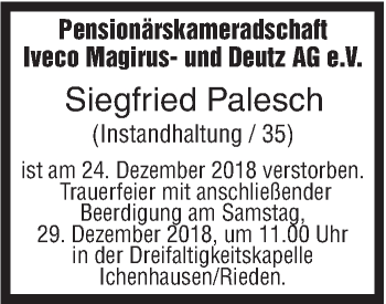 Traueranzeige von Siegfried Palesch von SÜDWEST PRESSE Ausgabe Ulm/Neu-Ulm