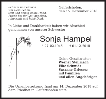 Traueranzeige von Sonja Hampel von Haller Tagblatt