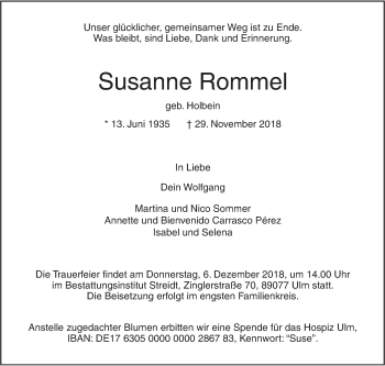 Traueranzeige von Susanne Rommel von SÜDWEST PRESSE Ausgabe Ulm/Neu-Ulm